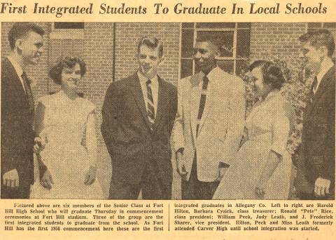 Newspaper article title "First Integrated Students to Graduate In Local Schools"; pic of 6 graduating students
