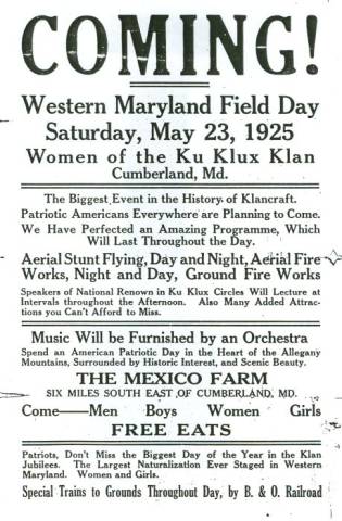 News flyer: Coming Western Maryland Field Day - Women of the Ku Klux Klan, Cumberland MD