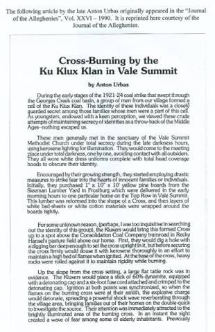 Article titled "Cross Burning by the Ku Klux Klan in Vale Summit"