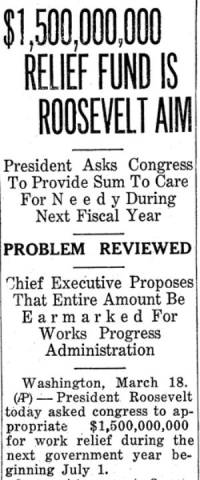 News article from Cumberland Evening Times, 1936-03-18; $1.5 Billion Relief fund