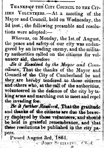 News article from The Alleganian - Thanks of the City Council - August 10, 1864