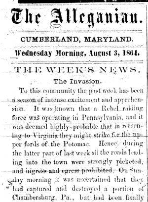 News article from The Alleganian - The Week's News - Wednesday Morning, August 3, 1864