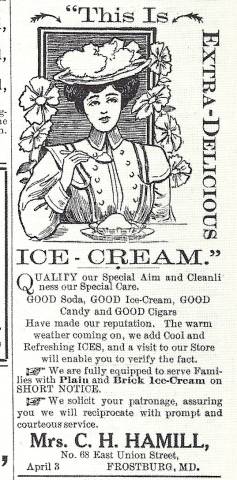 Newspaper advertisement for Ice Cream; drawing of woman in hat eating ice cream, circa 1911