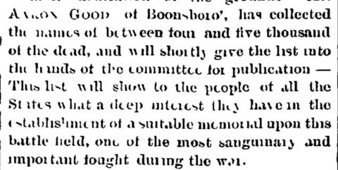 News article from Herald and Torch Light, 1865 about Aaron Good providing names of the dead in battle at Antietam