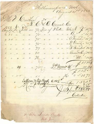 Handwritten invoice for Cushwa's tolls, 1883