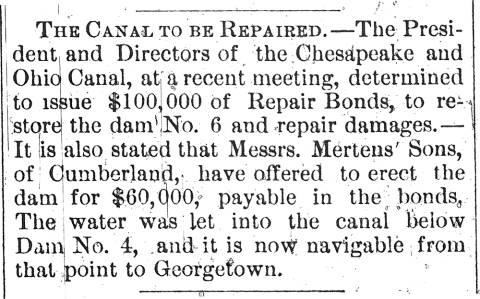 Article in Hagerstown Mail, 1889 - "The Canal To Be Repaired."