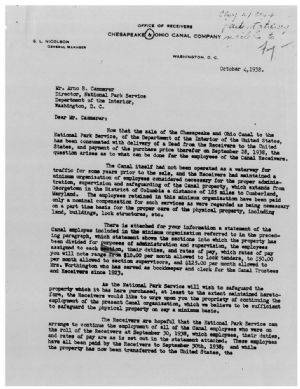 Photo of letter from CHESAPEAKE & OHIO CANAL COMPANY to National Park Service, 1938