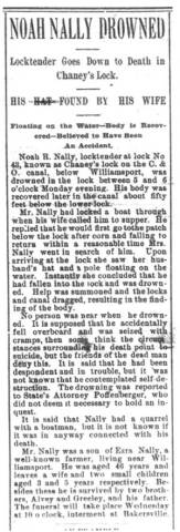 Article in Hagerstown Daily Mail, 1900 - "Noah Nally Drowned"