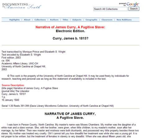 Screen capture of the "Narrative of James Curry, A Fugitive Slave"