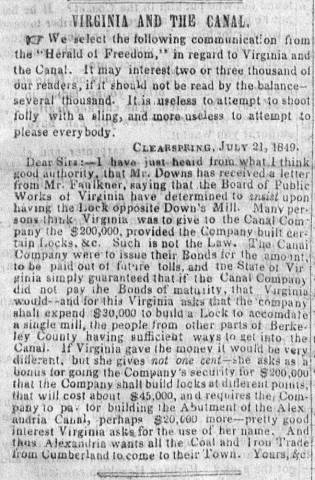 News article in Weekly Casket, 1849 "Virginia and the Canal."