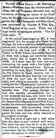 News article in Herald of Freedom, 1850 - "Water in the Canal."
