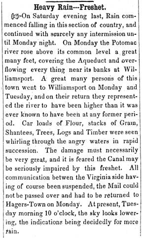 News article in Herald of Freedom & Torch Light, 1852 - "Heavy rain, Freshet."
