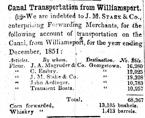 News article in Herald of Freedom & Torch Light, 1852 - "Canal Transportation from Williamsport."