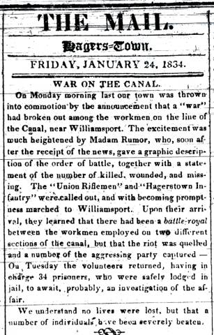 Article in Hagerstown Mail, 1834 - "War on the Canal."