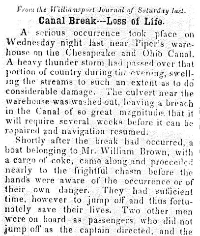 News article in Herald of Freedom & Torch Light, 1855 - "Canal Break -- Loss of Life."