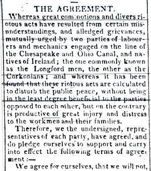Article in Hagerstown Mail, 1834 - "The Agreement" among Irish workers at the Canal