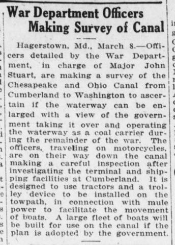 News article in Harrisburg Telegraph, 1918 - "War Department Officers Making Survey of Canal"