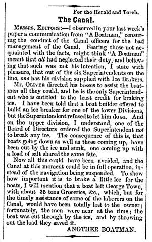 Letter to editor in Herald of Freedom & Torch Light, 1856 - "The Canal."