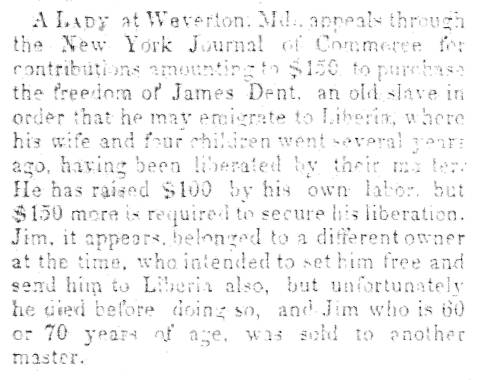 Notice in Herald of Freedom & Torch Light, 1852 about contributions to purchase freedom for a slave