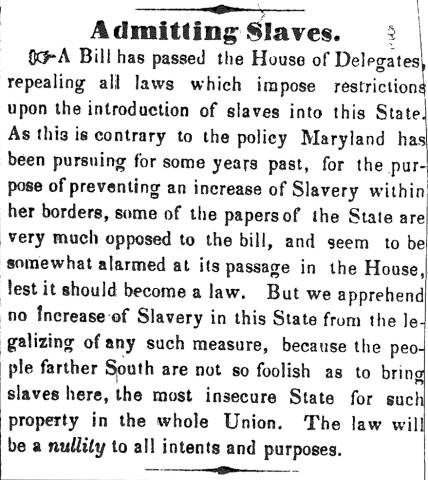 Notice in Herald of Freedom, 1850 - "Admitting Slaves."