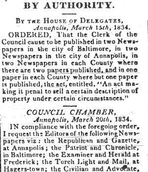 News article in Herald Mail, 1834 - "By Authority." By the House of Delegates
