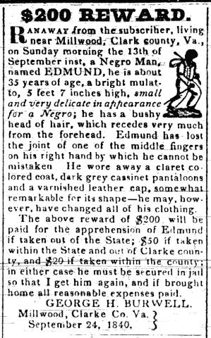 Ad in Hagerstown Mail, 1840 - "$200 Reward." by George H Burwell