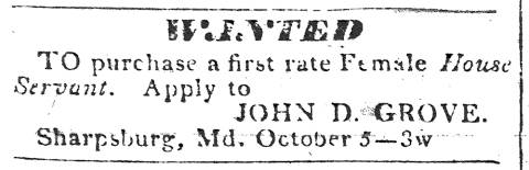 News ad in Hagerstown Mail, 1832 - "Wanted" Female House Servant