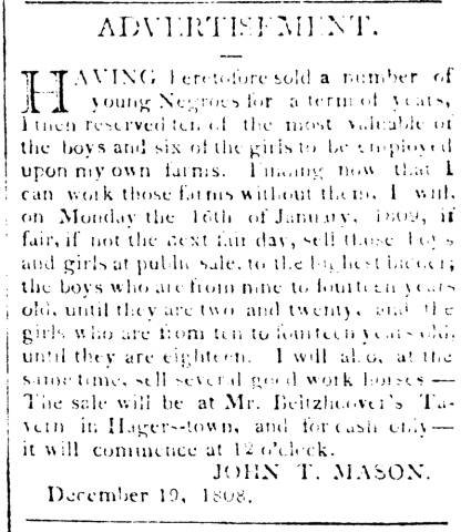 Ad in Maryland Herald and Hagerstown Advertiser, 1808 - "ADVERTISEMENT." 