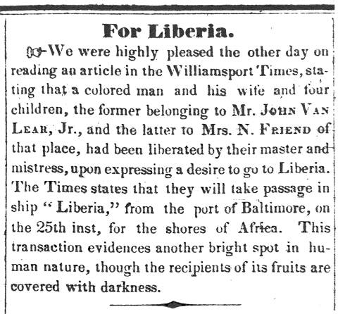News article in Herald of Freedom, 1846 - "For Liberia."