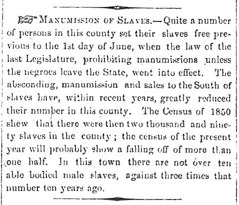 Notice in Herald of Freedom & Torch Light, 1860 - "Manumission of Slaves."