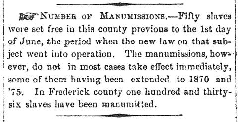 Notice in Herald & Torch Light, 1860 - "Number of Manumissions."