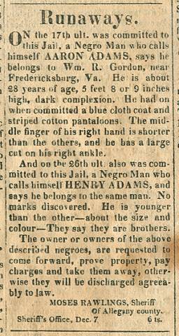 Ad in The Advocate, Cumberland, 1833 - "Runaways." MOSES RAWLINGS, Sheriff Of Allegany county