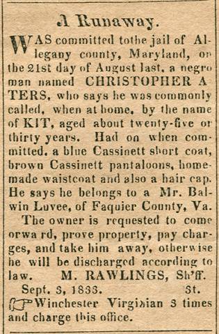 Ad in The Advocate, Cumberland, 1833 - "A Runaway." CHRISTOPHER ATERS by M. RAWLINGS, Sh'ff