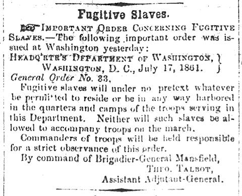 Notice in Herald of Freedom & Torch Light, 1861 - "Fugitive Slaves."