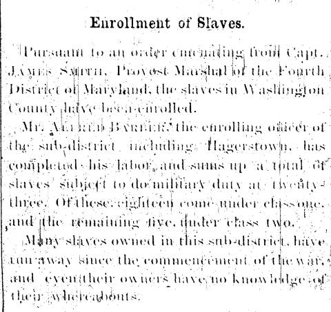 Notice in Herald & Torch Light, 1864 - "Enrollment of Slaves."