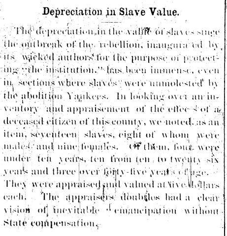 Notice in Herald & Torch Light, 1864 - "Depreciation in Slave Value."