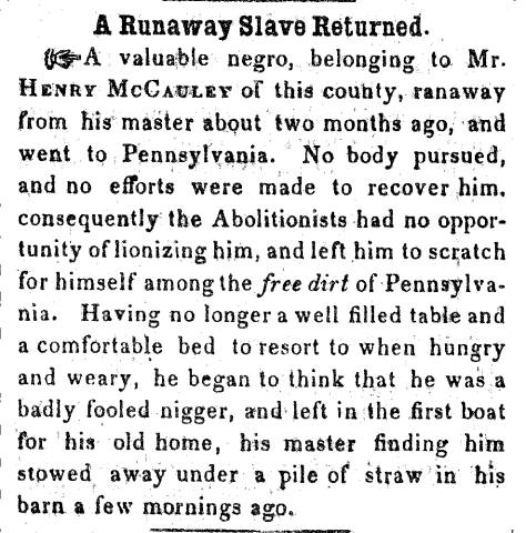 Ad in Herald of Freedom & Torch Light, 1855 - "A Runaway Slave Returned." 