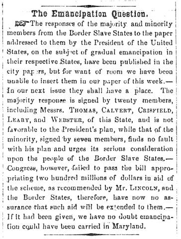 Notice in Herald & Torch Light, 1862 - "The Emancipation Question."