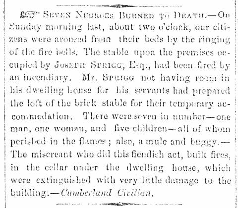 News article in Herald of Freedom & Torch Light, 1863 - "Seven Negroes Burned to Death."