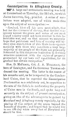 Notice in Herald of Freedom & Torch Light, 1863 - "Emancipation in Alleghany County."