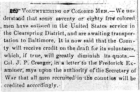 News article in Herald of Freedom and Torch Light, 1863 - "Volunteering of Colored Men"