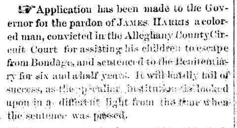 Notice in Herald & Torch Light, 1864 about application for pardon of James Harris