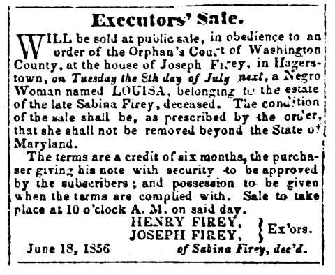Ad in Herald of Freedom & Torch Light, 1856 - "Executors' Sale."
