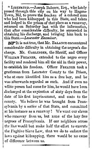 News article in Herald of Freedom & Torch Light, 1856 - "Liberated, Joseph Balance, Esq."