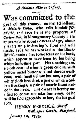 Ad in Washington Spy, 1793 - "A Mulatto Man in Custody." by HENRY SHRYOCK, Sheriff of Washington Co