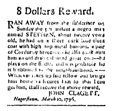 Ad in Washington Spy, 1796 - "8 Dollars Reward." by John Clagett