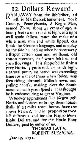 Ad in Washington Spy, 1792 - "12 Dollars Reward." from THOMAS LATA, ROBERT SLEMONS.