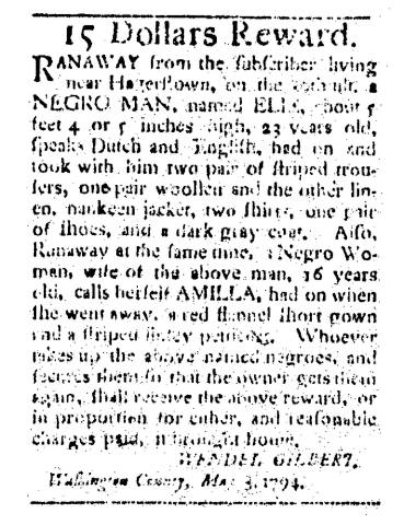 Ad in Washington Spy, 1794 - "15 Dollars Reward." by Wendel Gilbert