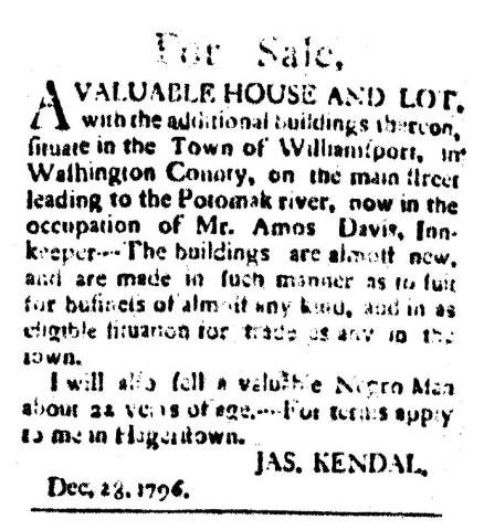 Ad in Washington Spy, 17916 - "For Sale,"  A Valuable House and Lot...