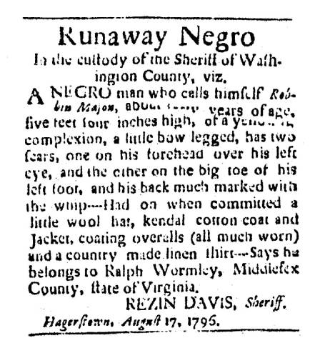 Ad in Washington Spy, 1796 - "Runaway Negro" In the custody of the Sheriff of Washington County